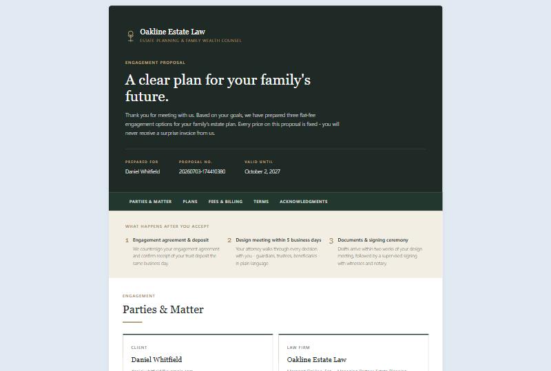 Cover of the winning engagement proposal, prepared for a sample client with proposal number and validity date
