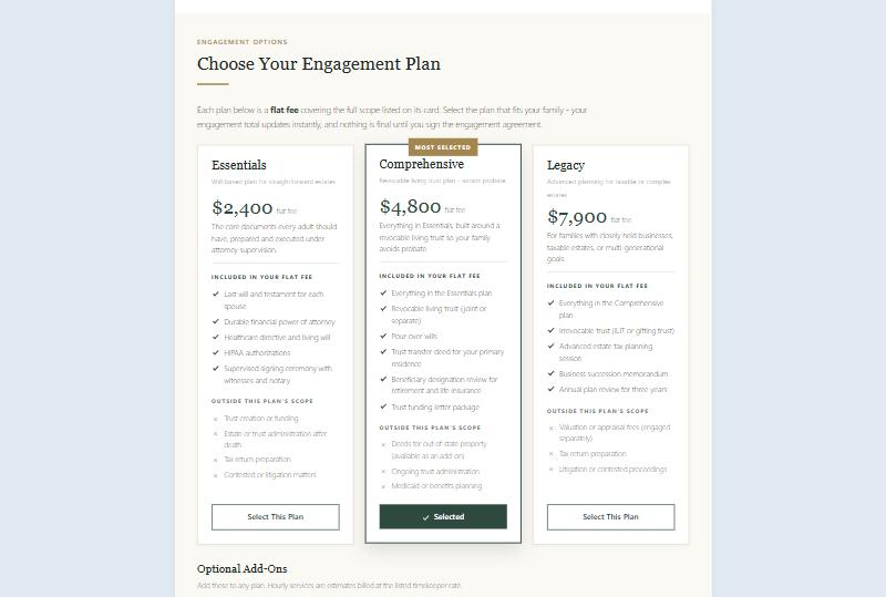 Three flat-fee engagement plans on the winning quote template, with the middle plan selected